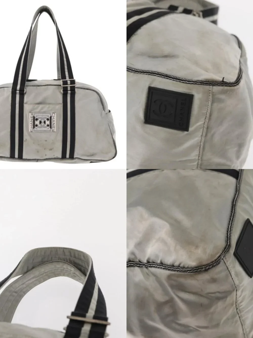 CHANEL Sports Line Boston Bag Nylon Silver CC Auth BA7758